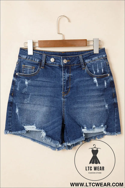 Beau Blue Asymmetric Raw Hem Distressed Whiskery Denim Shorts - L.T.C Wear Online Fashion Store