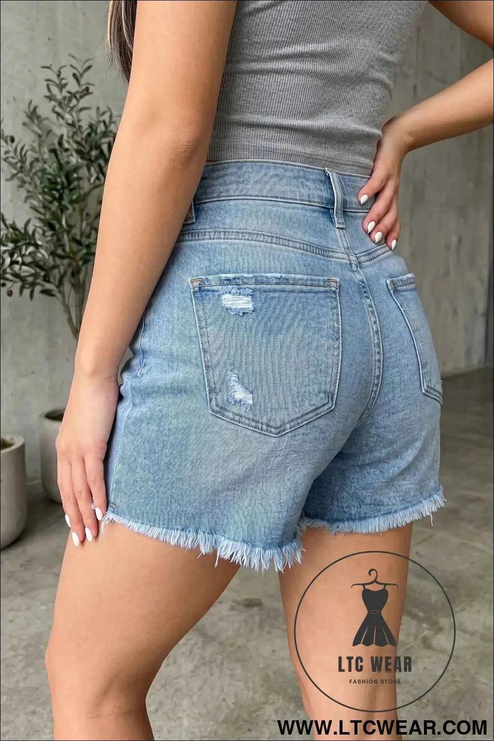 Beau Blue Asymmetric Raw Hem Distressed Whiskery Denim Shorts