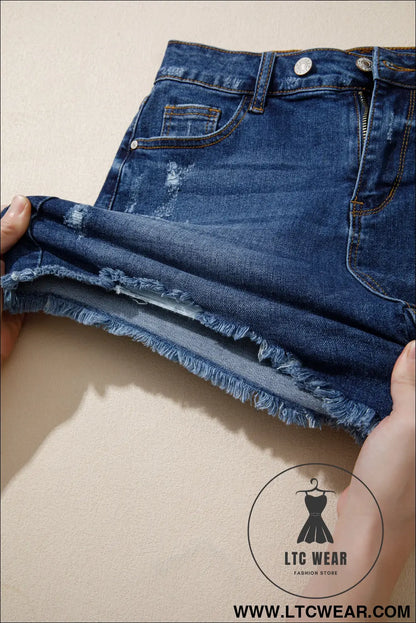 Beau Blue Asymmetric Raw Hem Distressed Whiskery Denim Shorts - L.T.C Wear Online Fashion Store