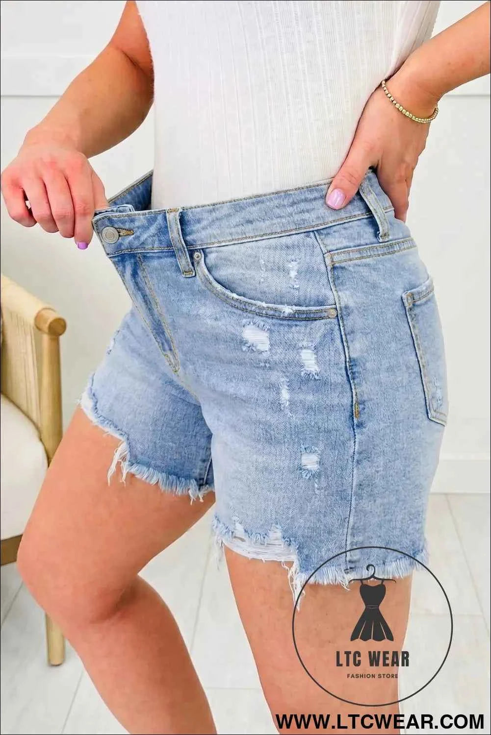 Beau Blue Asymmetric Raw Hem Distressed Whiskery Denim Shorts