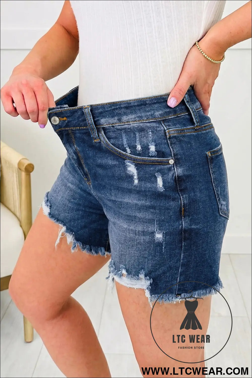 Beau Blue Asymmetric Raw Hem Distressed Whiskery Denim Shorts - L.T.C Wear Online Fashion Store