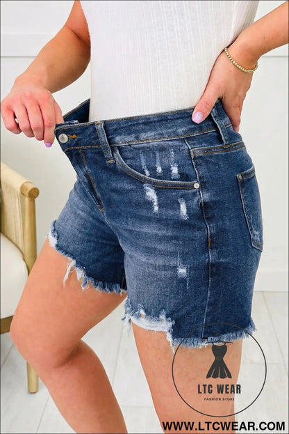 Beau Blue Asymmetric Raw Hem Distressed Whiskery Denim Shorts - L.T.C Wear Online Fashion Store