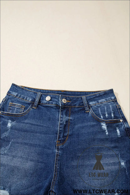 Beau Blue Asymmetric Raw Hem Distressed Whiskery Denim Shorts - L.T.C Wear Online Fashion Store