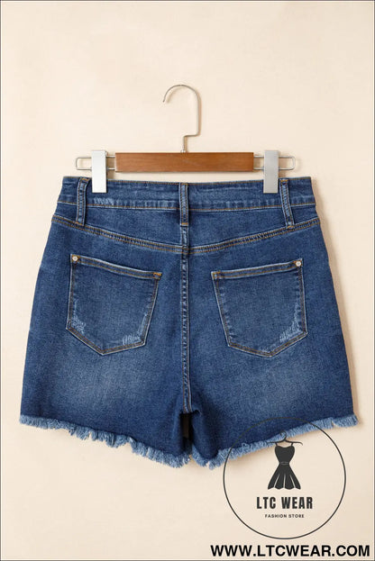 Beau Blue Asymmetric Raw Hem Distressed Whiskery Denim Shorts - L.T.C Wear Online Fashion Store