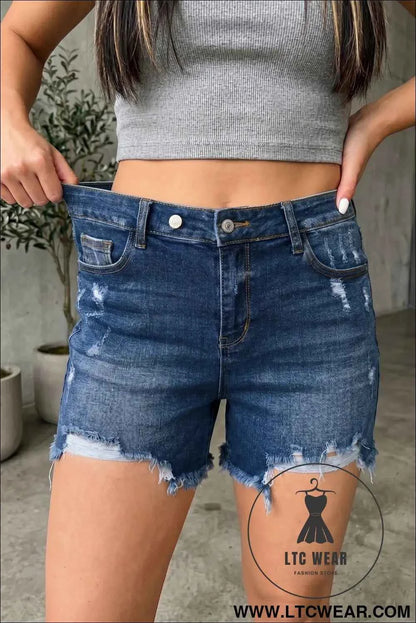 Beau Blue Asymmetric Raw Hem Distressed Whiskery Denim Shorts