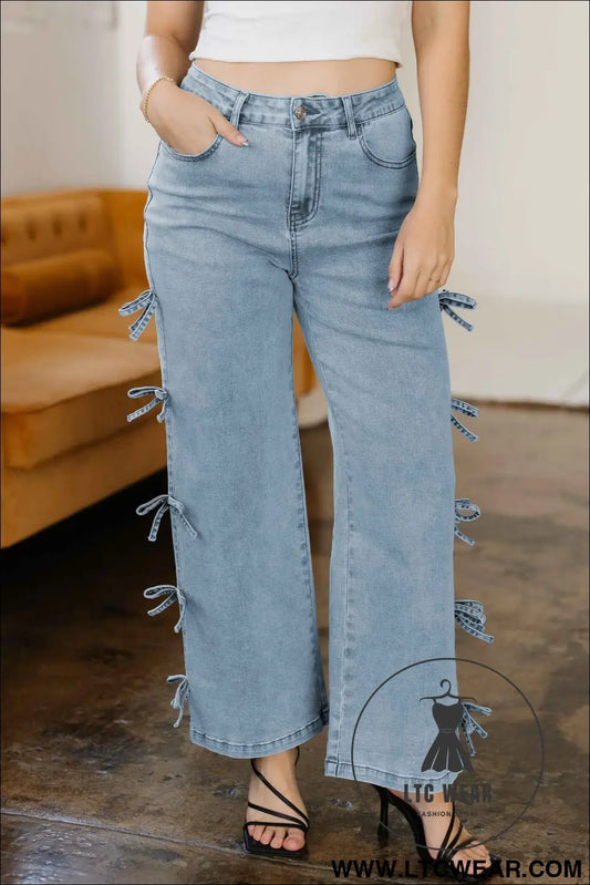 Beau Blue Bow Knot Side Detail Straight Leg Loose Jeans