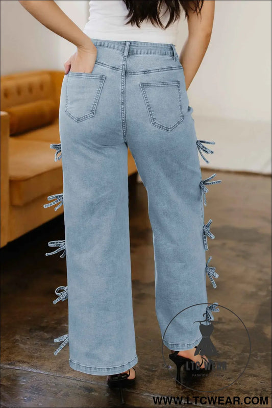 Beau Blue Bow Knot Side Detail Straight Leg Loose Jeans