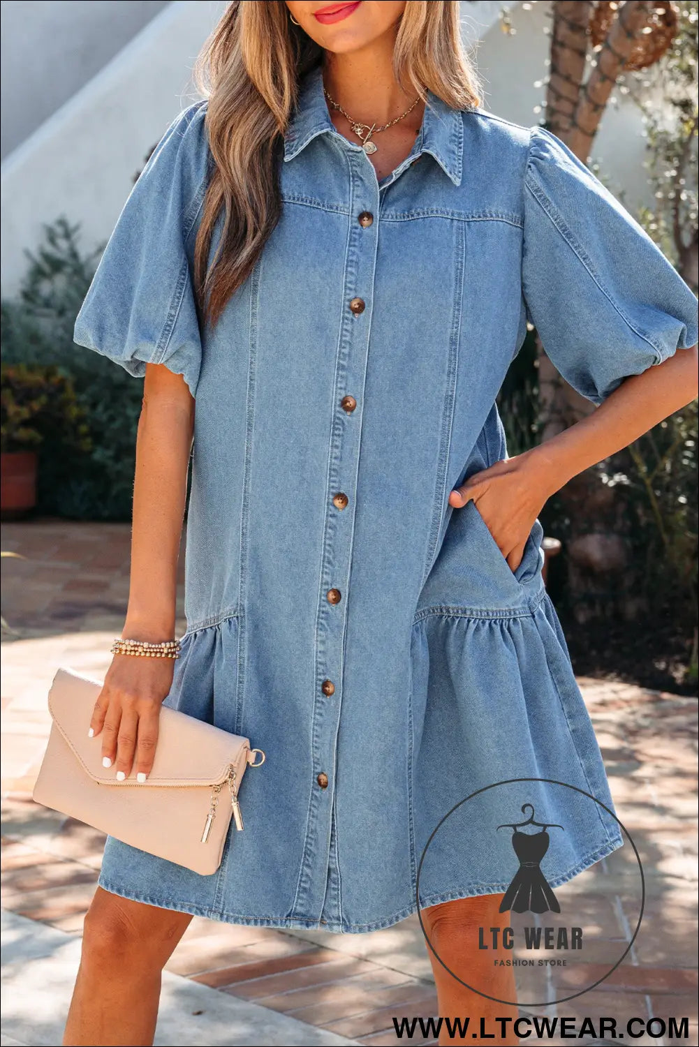 Beau Blue Button Down Short Puff Sleeve Ruffle Hem Patchwork Denim Dress - L.T.C Wear Online Fashion Store