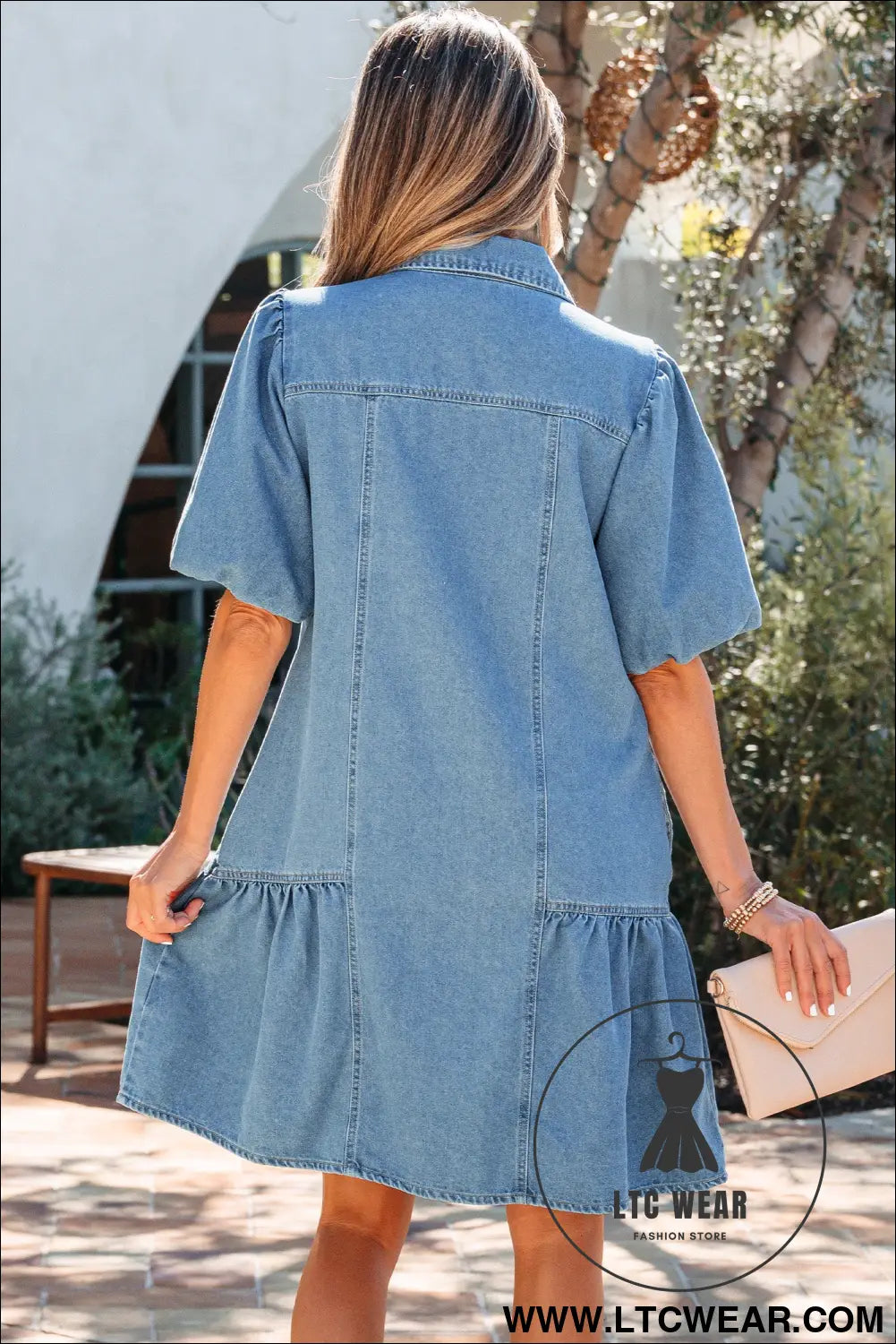 Beau Blue Button Down Short Puff Sleeve Ruffle Hem Patchwork Denim Dress - L.T.C Wear Online Fashion Store