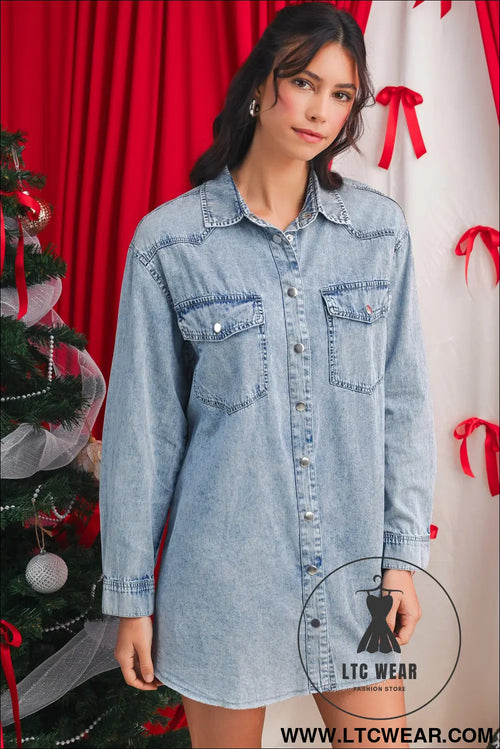Beau blue chest pocket raw hem denim loose shirt dress - beau blue / l / 100% cotton - mini dresses