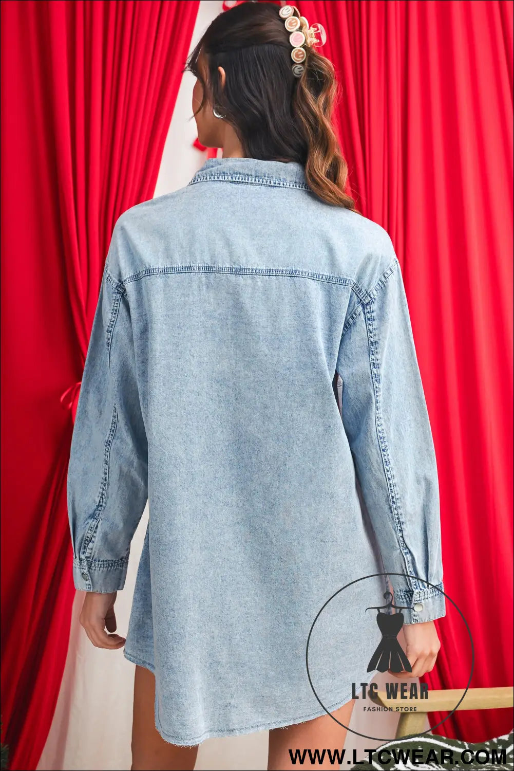 Beau blue chest pocket raw hem denim loose shirt dress - mini dresses
