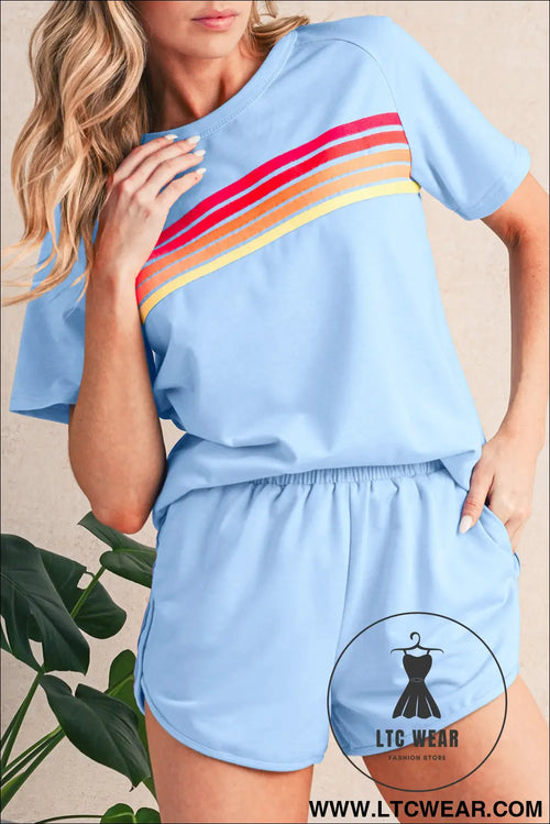 Beau blue colorful striped casual tee - beau blue / 2xl / 85% polyester + 10% cotton + 5% elastane - tops & tees