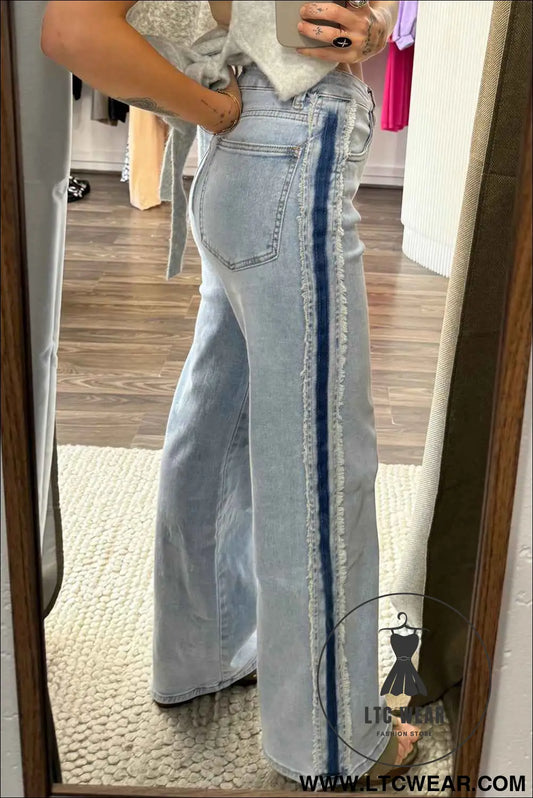 Beau Blue Contrast Stripe Frayed Side Patchwork Jeans
