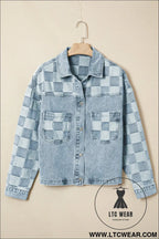 Beau blue denim checkered pattern patchwork womens casual jacket - denim jackets