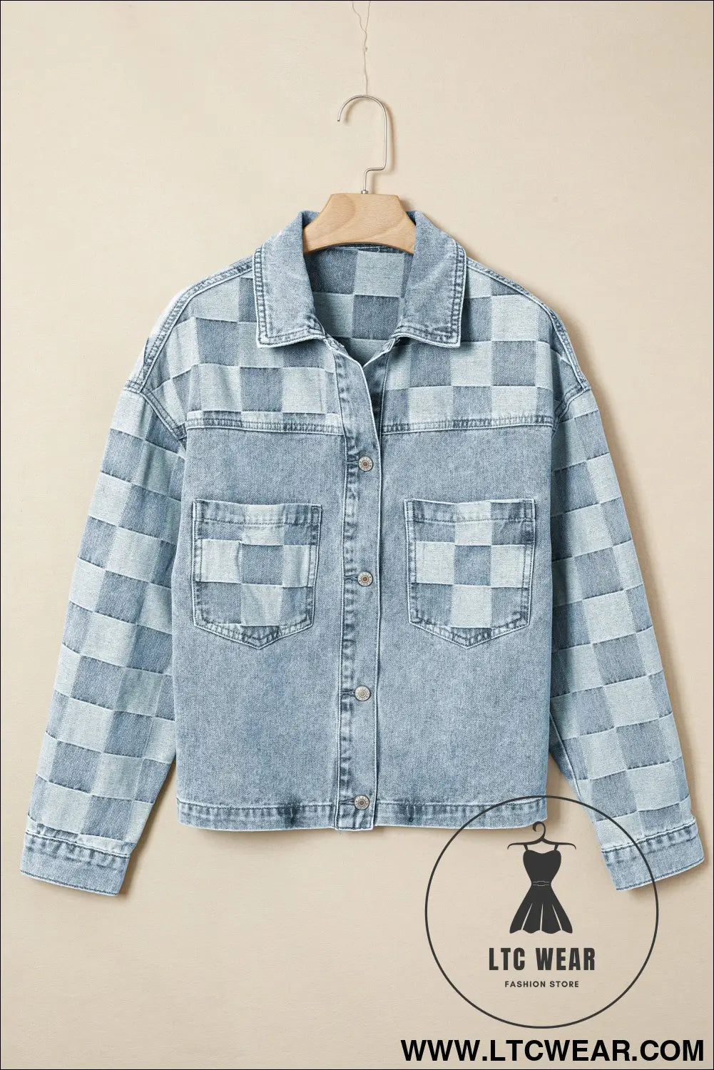 Beau blue denim checkered pattern patchwork womens casual jacket - denim jackets