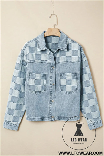 Beau blue denim checkered pattern patchwork womens casual jacket - denim jackets