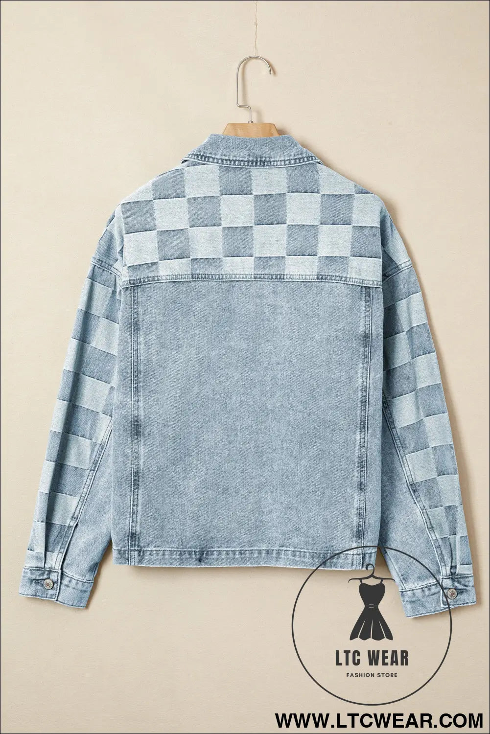 Beau blue denim checkered pattern patchwork womens casual jacket - denim jackets