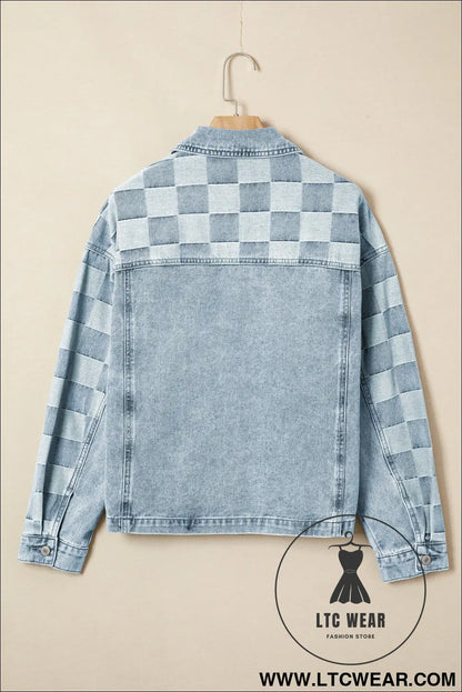 Beau blue denim checkered pattern patchwork womens casual jacket - denim jackets