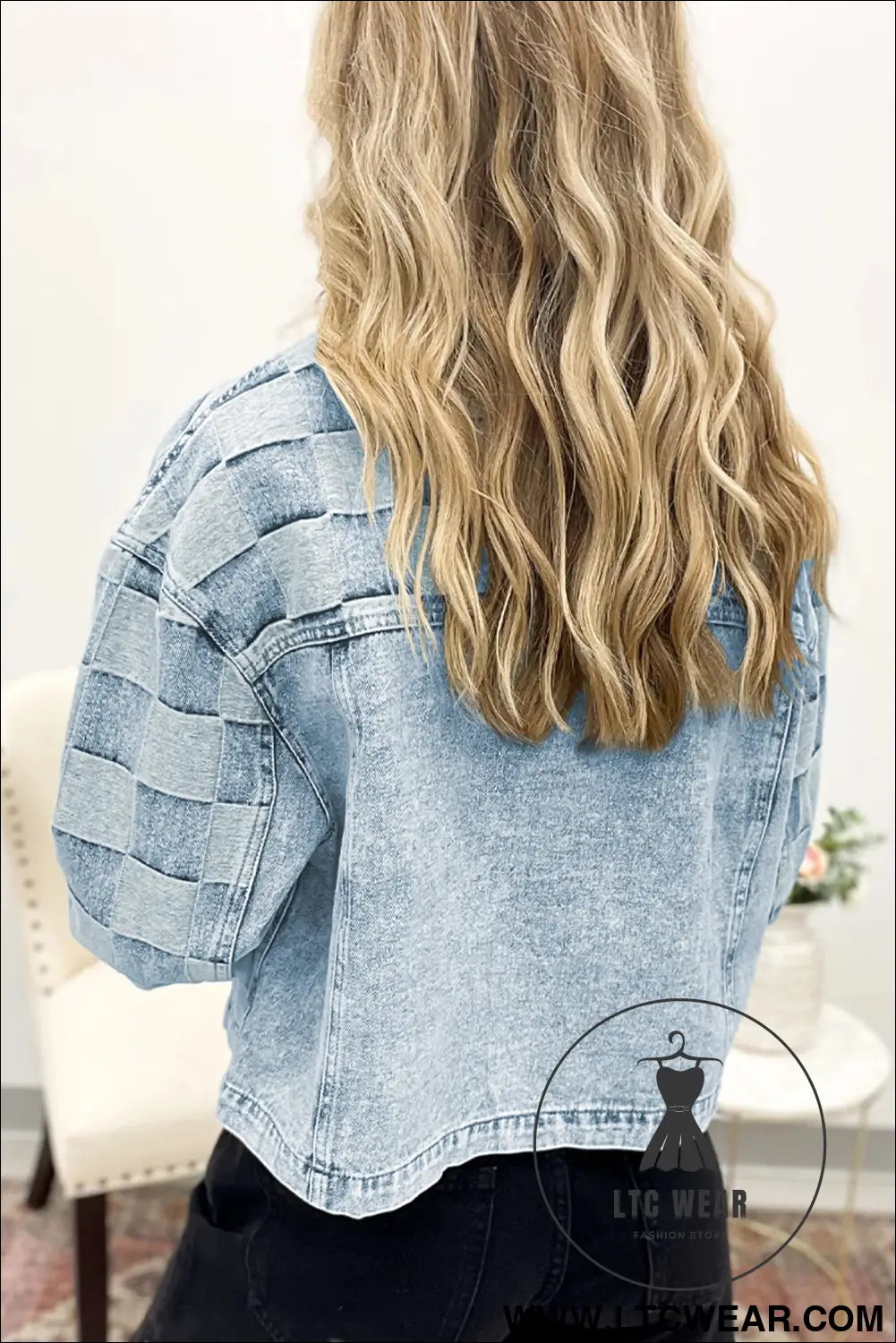 Beau blue denim checkered pattern patchwork womens casual jacket - denim jackets