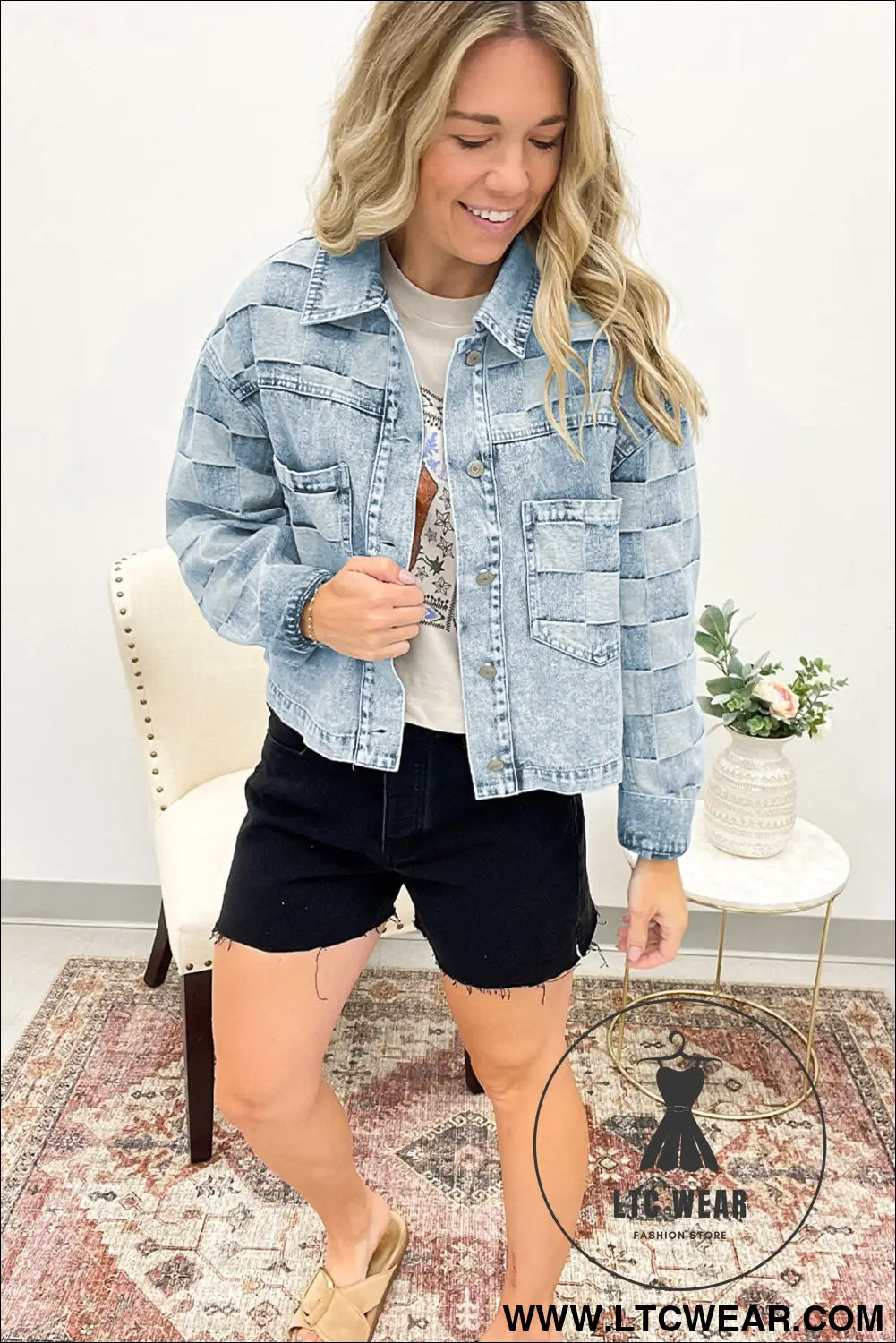 Beau blue denim checkered pattern patchwork womens casual jacket - denim jackets