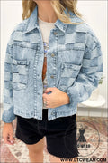 Beau blue denim checkered pattern patchwork womens casual jacket - beau blue / l / 85% cotton + 15% polyester - denim