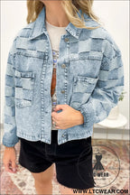 Beau blue denim checkered pattern patchwork womens casual jacket - beau blue / l / 85% cotton + 15% polyester - denim