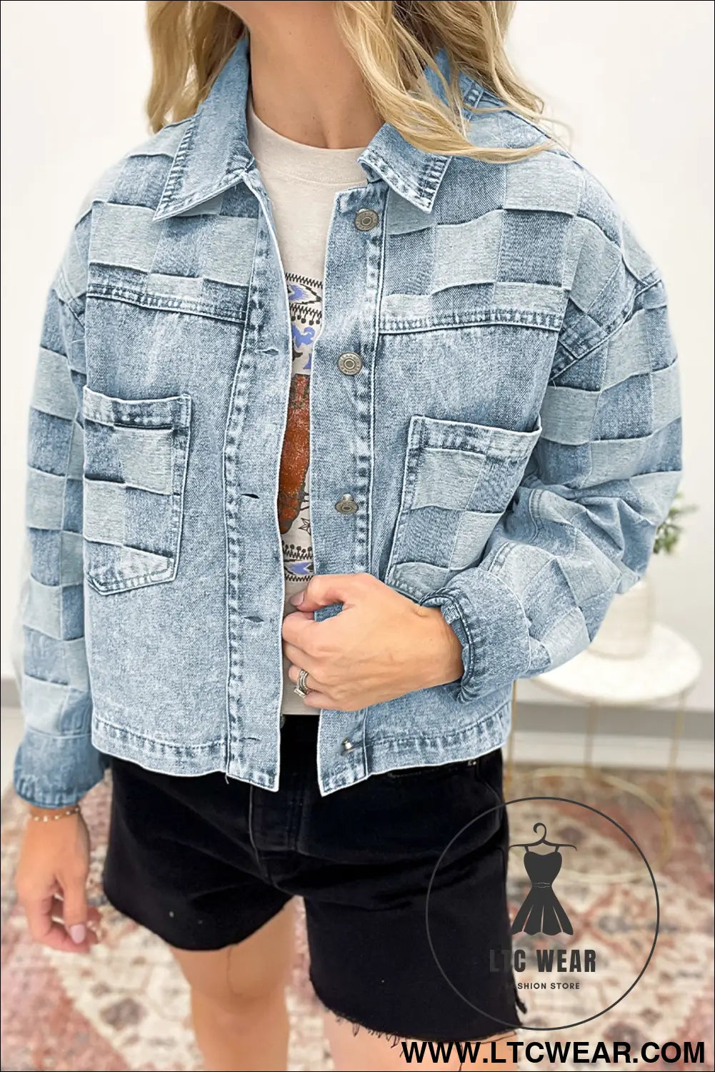 Beau blue denim checkered pattern patchwork womens casual jacket - beau blue / l / 85% cotton + 15% polyester - denim