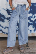 Beau blue drawstring seam detail raw hem wide leg jeans - beau blue / 10 / 75% cotton + 23% polyester + 2% elastane