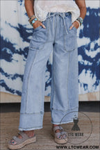 Beau blue drawstring seam detail raw hem wide leg jeans - beau blue / 10 / 75% cotton + 23% polyester + 2% elastane