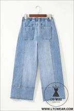 Beau blue drawstring seam detail raw hem wide leg jeans - jeans