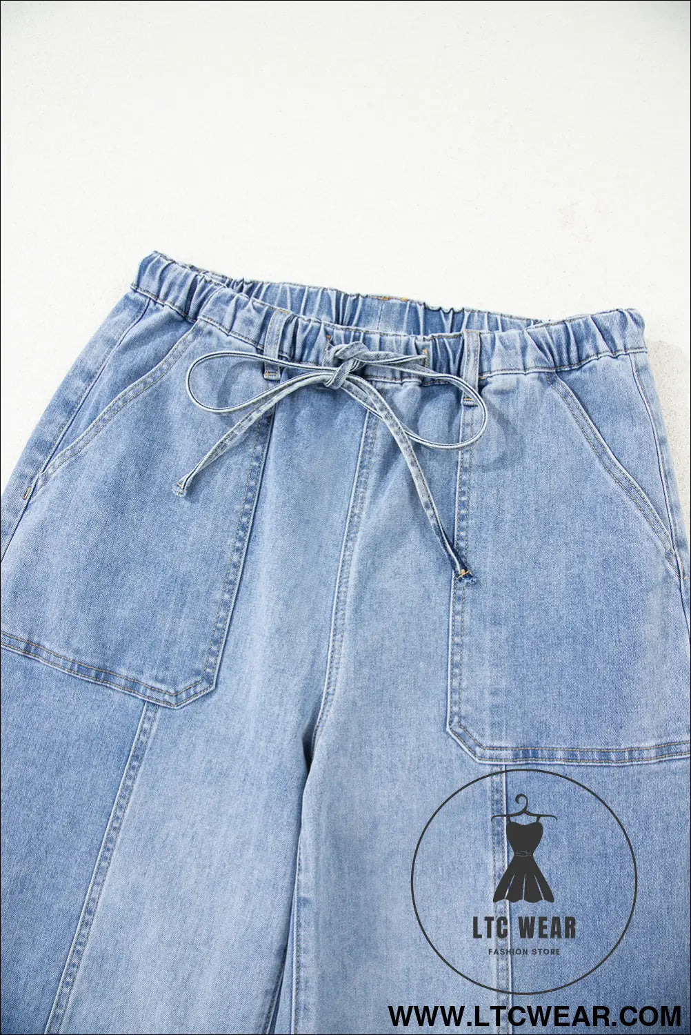 Beau blue drawstring seam detail raw hem wide leg jeans - jeans