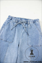 Beau blue drawstring seam detail raw hem wide leg jeans - jeans