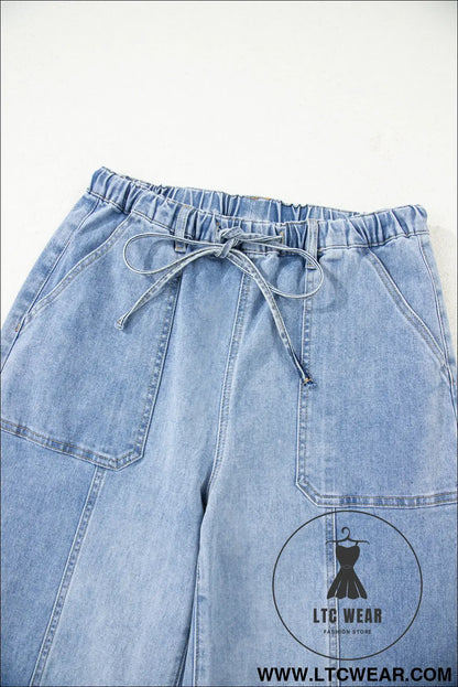 Beau blue drawstring seam detail raw hem wide leg jeans - jeans