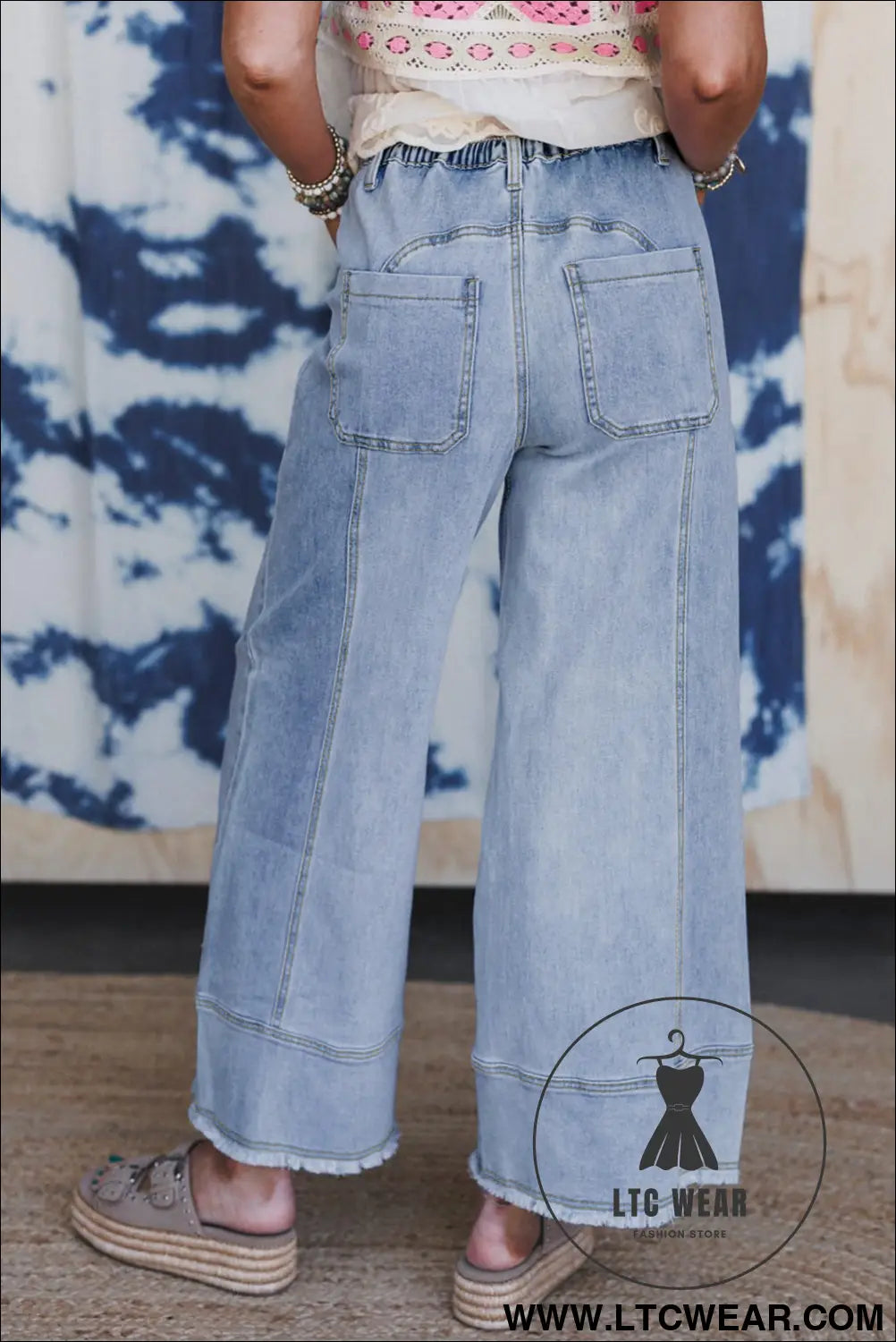 Beau blue drawstring seam detail raw hem wide leg jeans - jeans