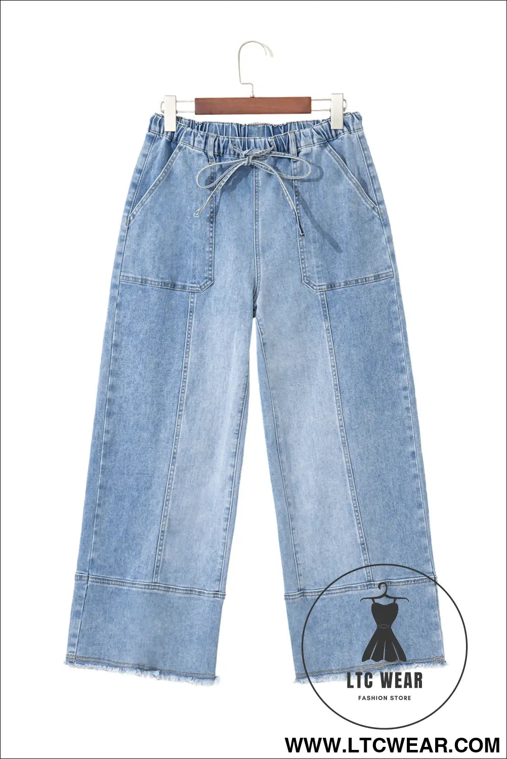 Beau blue drawstring seam detail raw hem wide leg jeans - jeans