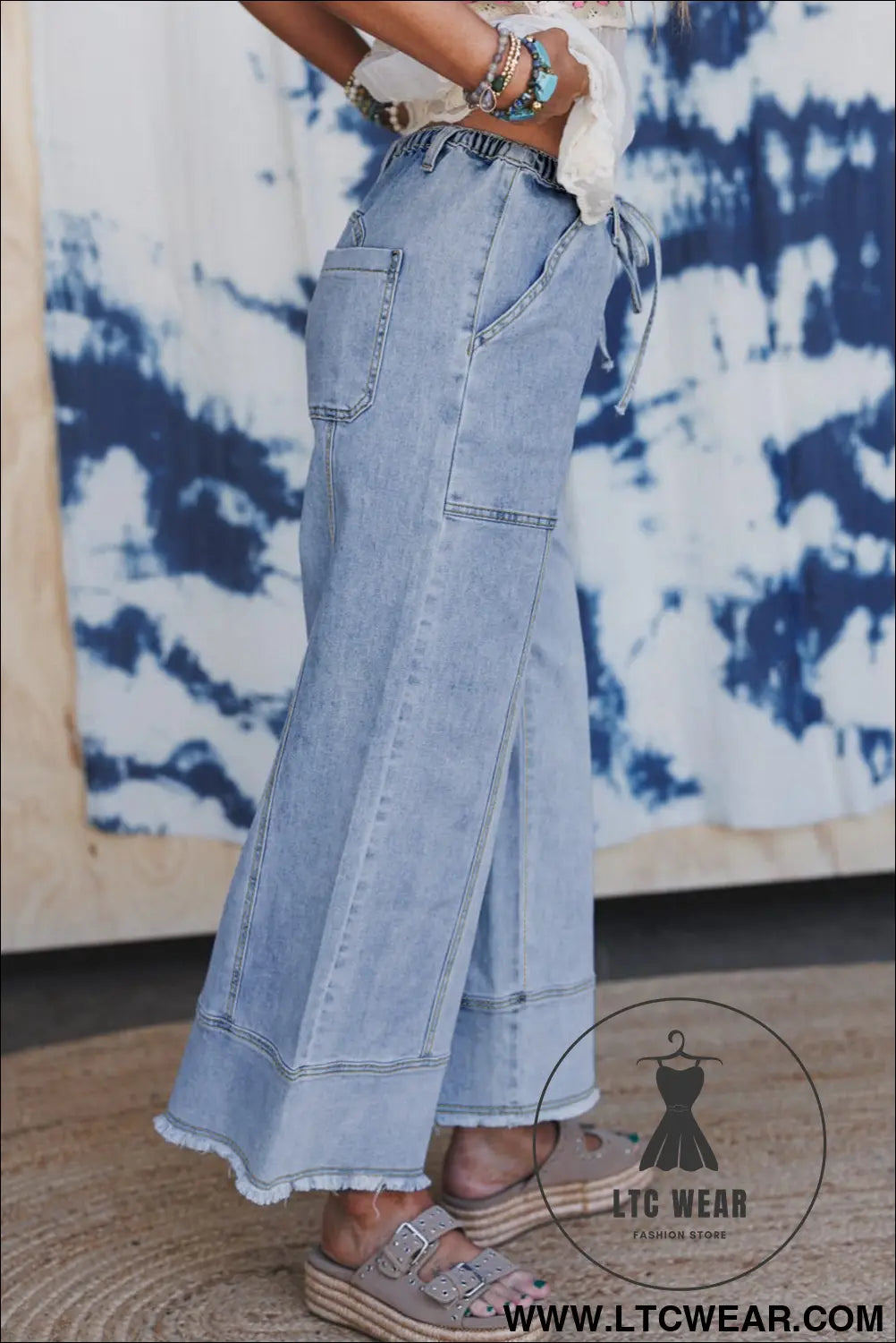 Beau blue drawstring seam detail raw hem wide leg jeans - jeans