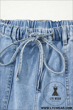 Beau blue drawstring seam detail raw hem wide leg jeans - jeans