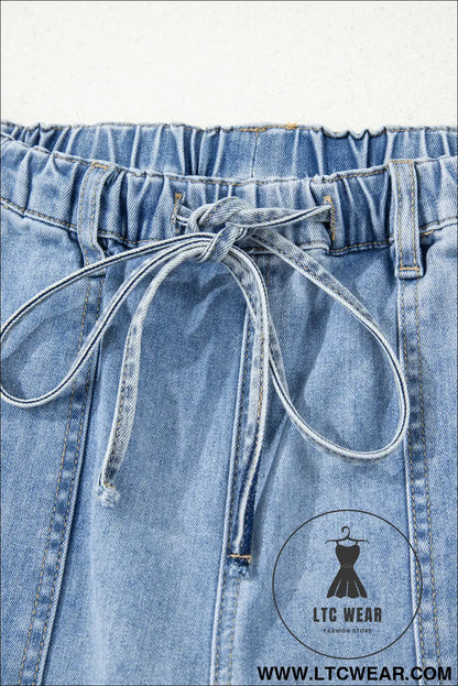 Beau blue drawstring seam detail raw hem wide leg jeans - jeans