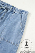 Beau blue drawstring seam detail raw hem wide leg jeans - jeans