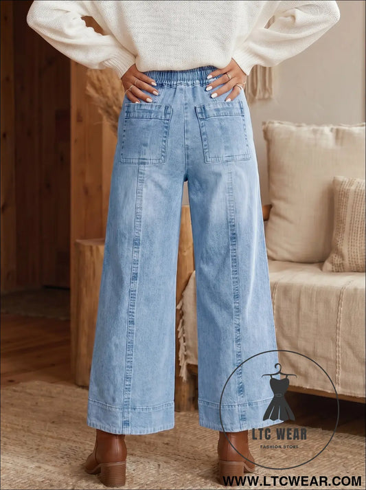 Beau Blue Drawstring Waist Wide Leg Ankle Length Jeans