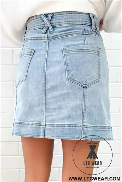 Beau Blue Exposed Seam Detail A-line Denim Mini Skirt with Pockets