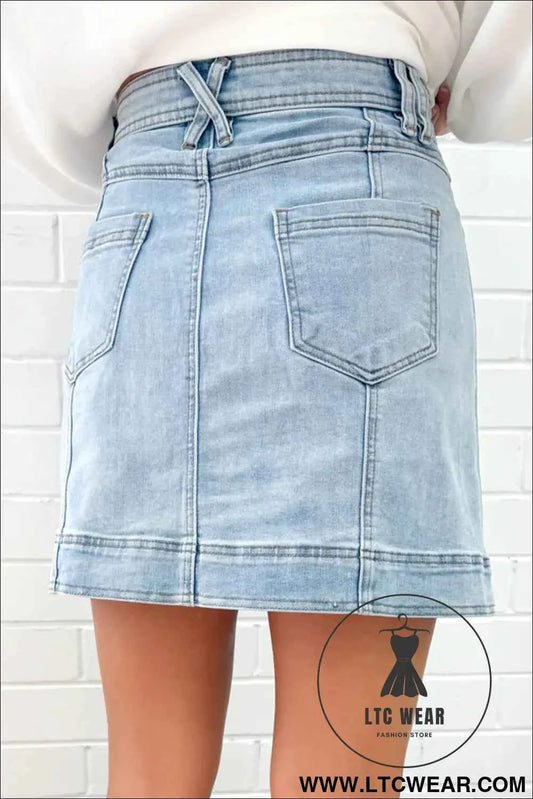 Beau Blue Exposed Seam Detail A-line Denim Mini Skirt with Pockets