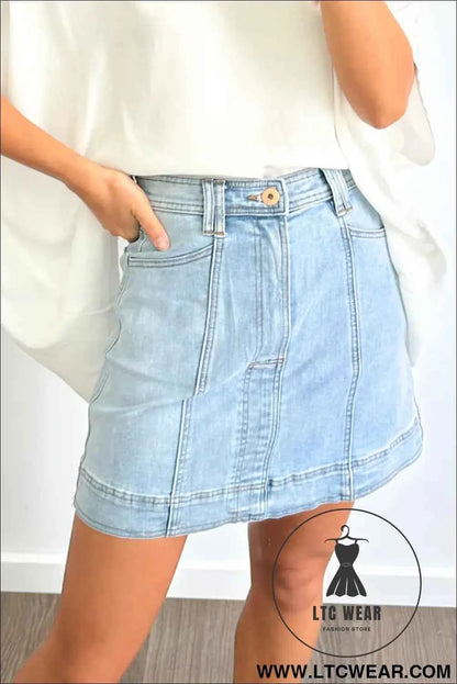 Beau Blue Exposed Seam Detail A-line Denim Mini Skirt with Pockets