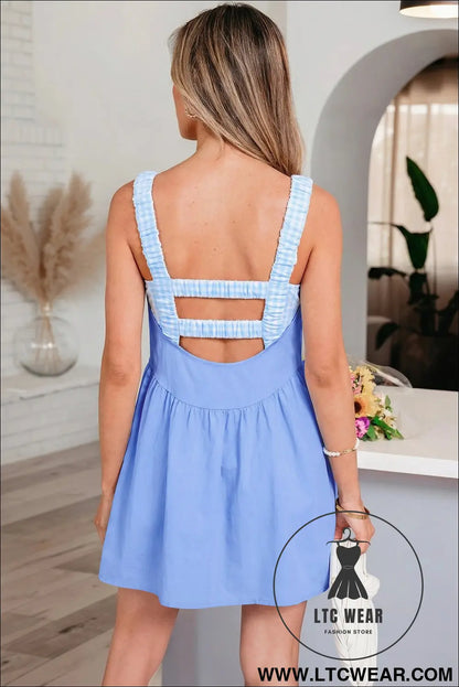 Beau blue faux two piece gingham contrast patchwork loose mini dress - mini dresses