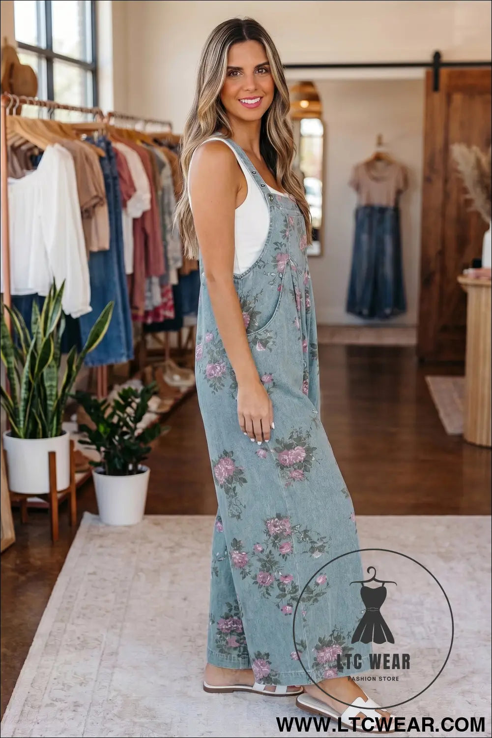 Beau blue floral print pleated high waist wide leg denim jumpsuit - jumpsuits & rompers