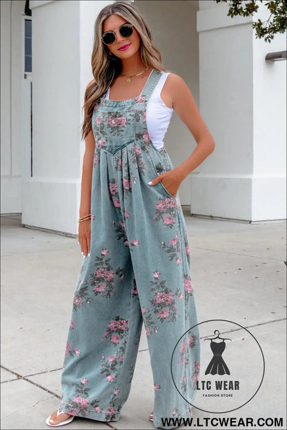 Beau Blue Floral Print Pleated High Waist Wide Leg Denim Jumpsuit