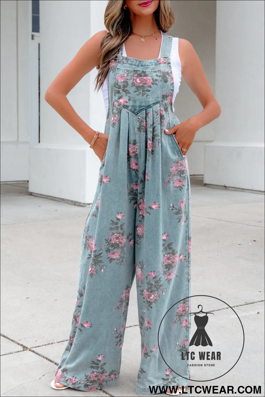 Beau Blue Floral Print Pleated High Waist Wide Leg Denim Jumpsuit