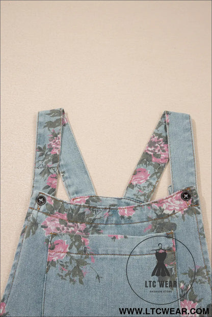 Beau blue floral print pleated high waist wide leg denim jumpsuit - jumpsuits & rompers