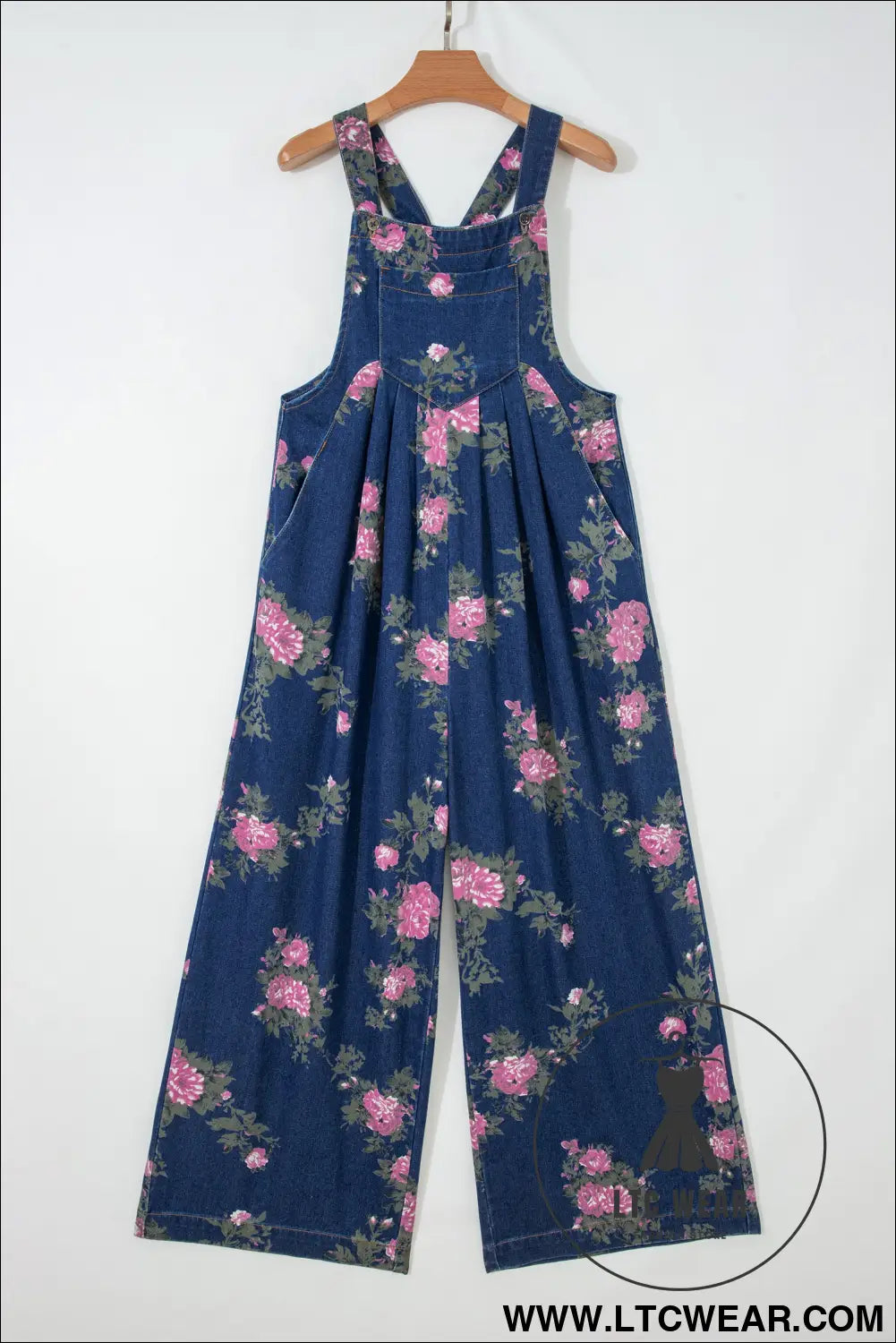 Beau Blue Floral Print Pleated High Waist Wide Leg Denim Jumpsuit - L.T.C Wear Online Fashion Store