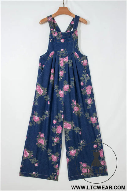 Beau Blue Floral Print Pleated High Waist Wide Leg Denim Jumpsuit - L.T.C Wear Online Fashion Store